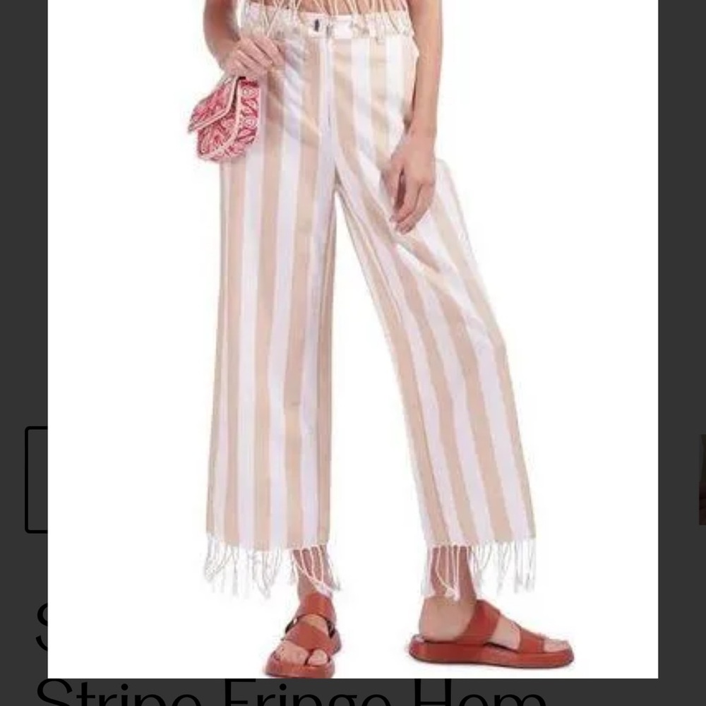 Staud Zuma Cabana Stripe Fringe Hem Beige White Cotton & Linen Pants Size 14